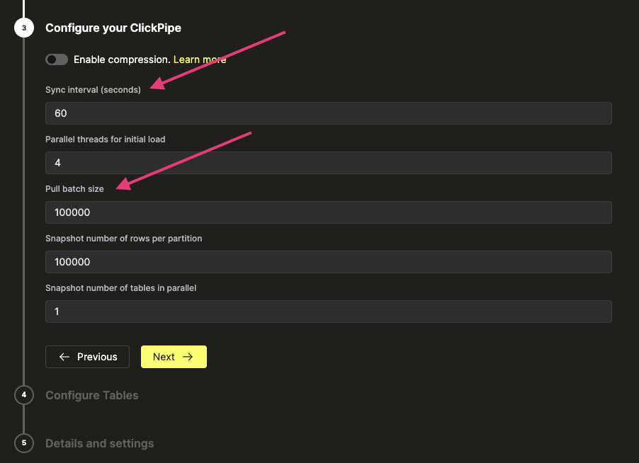 Создание параметров синхронизации