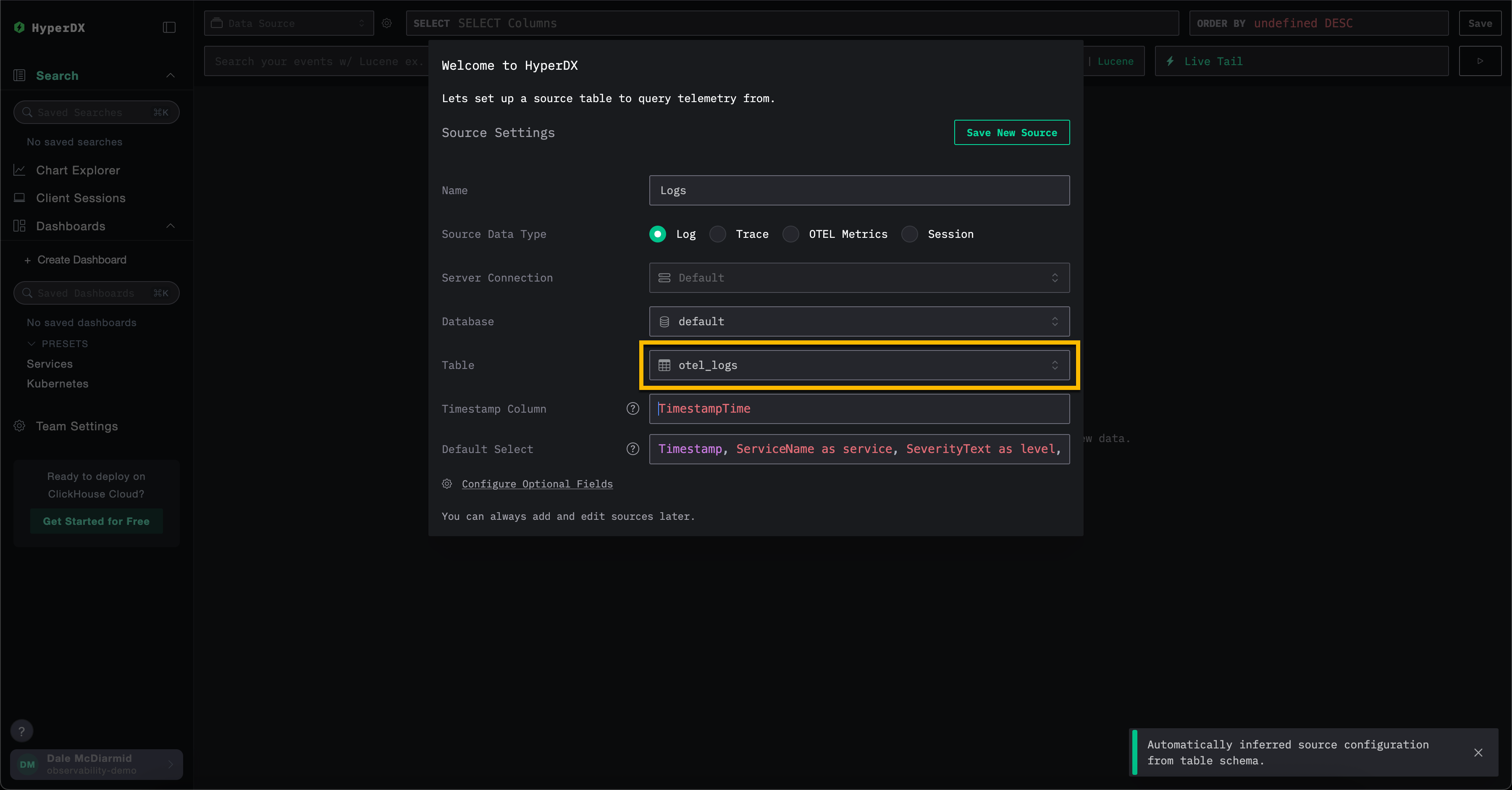 Источник данных ClickHouse Cloud HyperDX